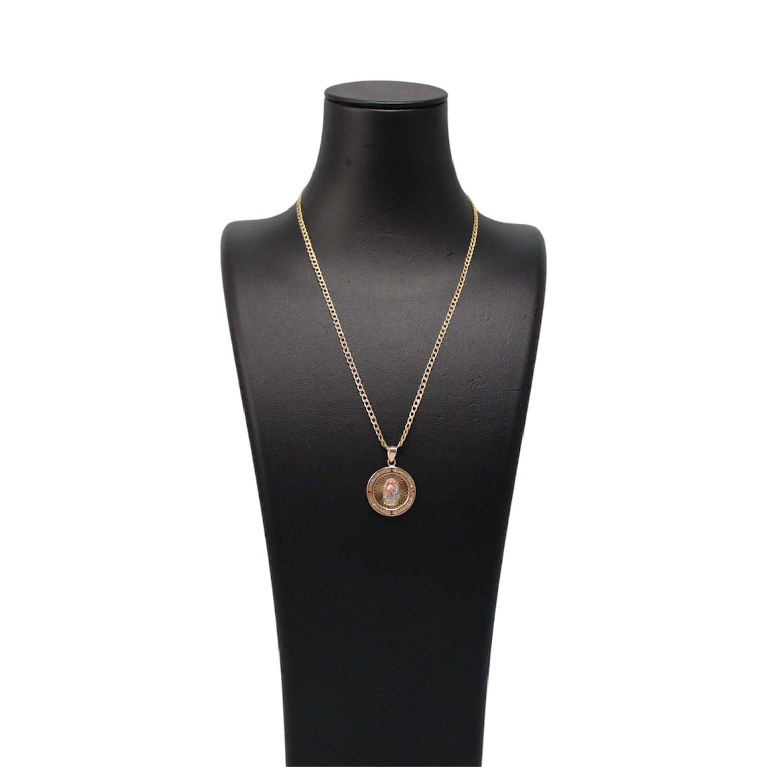 14K Gold Semi Solid Cuban Chain With Diamond Cut And Round 3Toned Virgin Mary Pendant