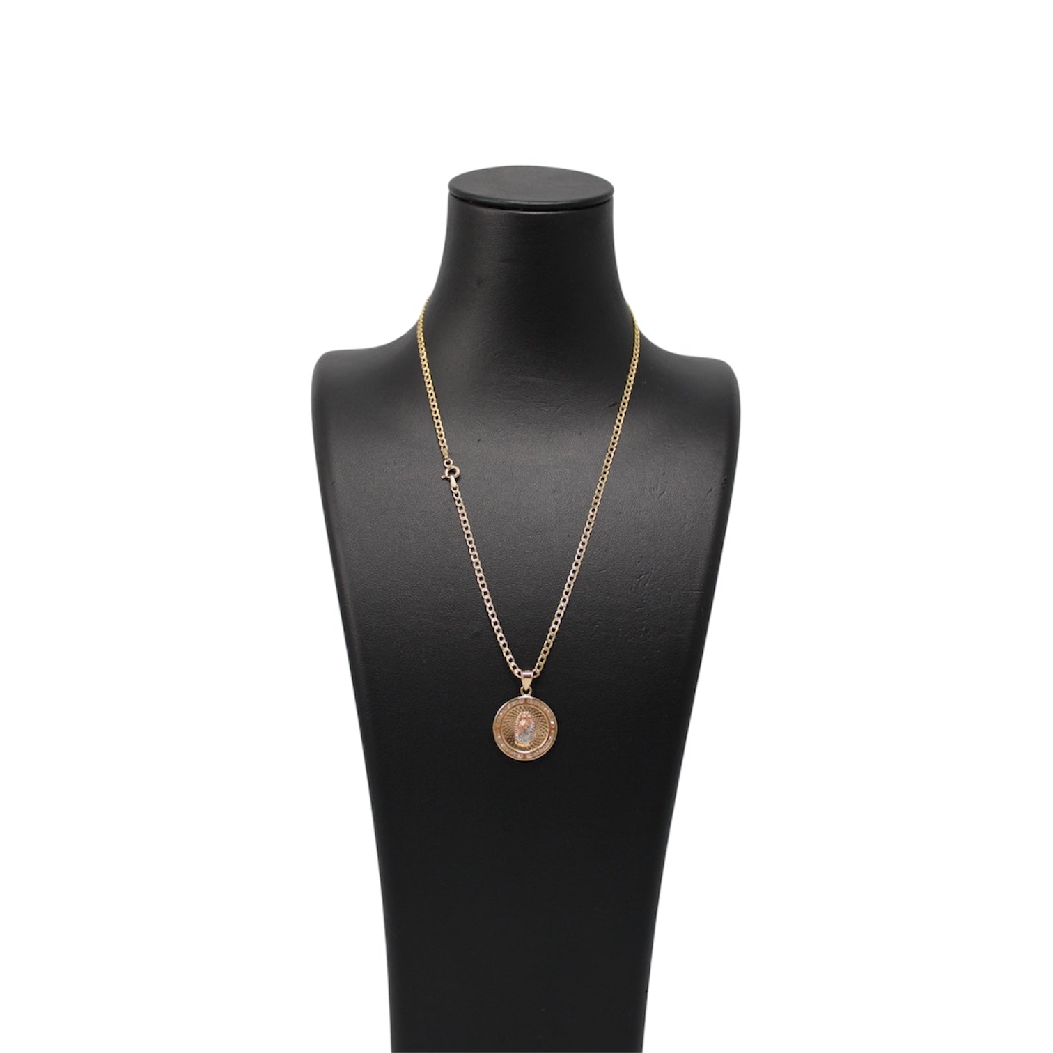 14K Gold Semi Solid Cuban Chain With Diamond Cut And Round 3Toned Virgin Mary Pendant