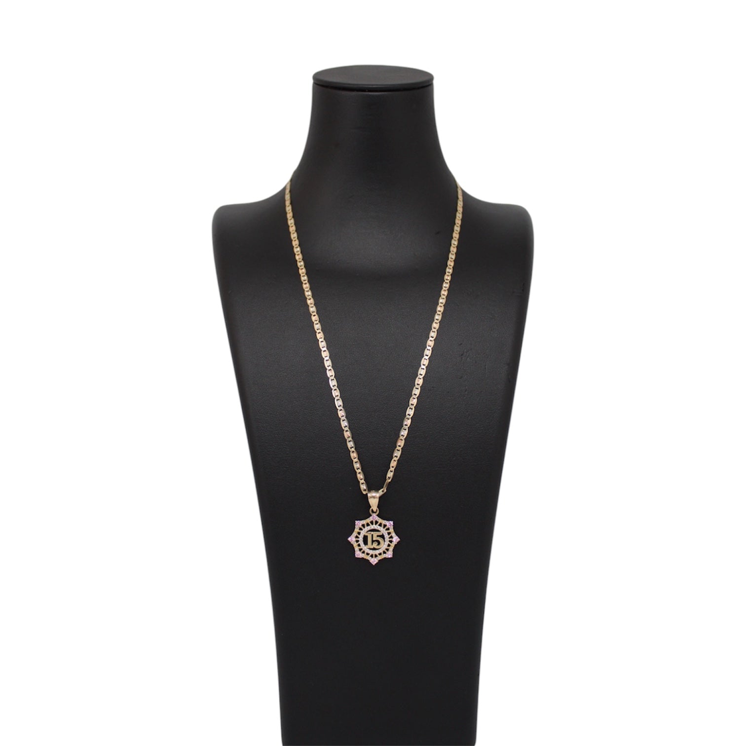 14K Gold Solid 3Toned Valen Chain With Circular Quinceañera Pendant