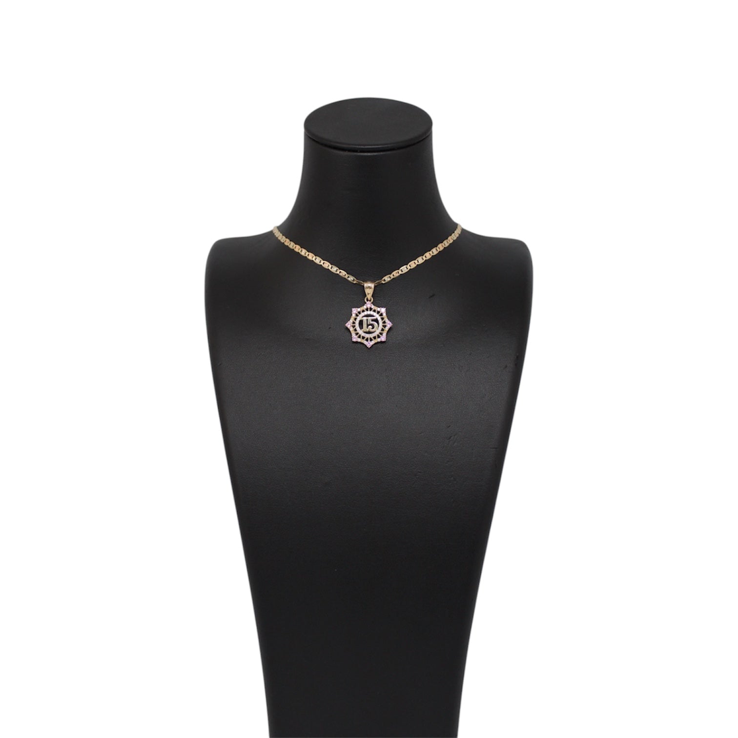 14K Gold Solid 3Toned Valen Chain With Circular Quinceañera Pendant