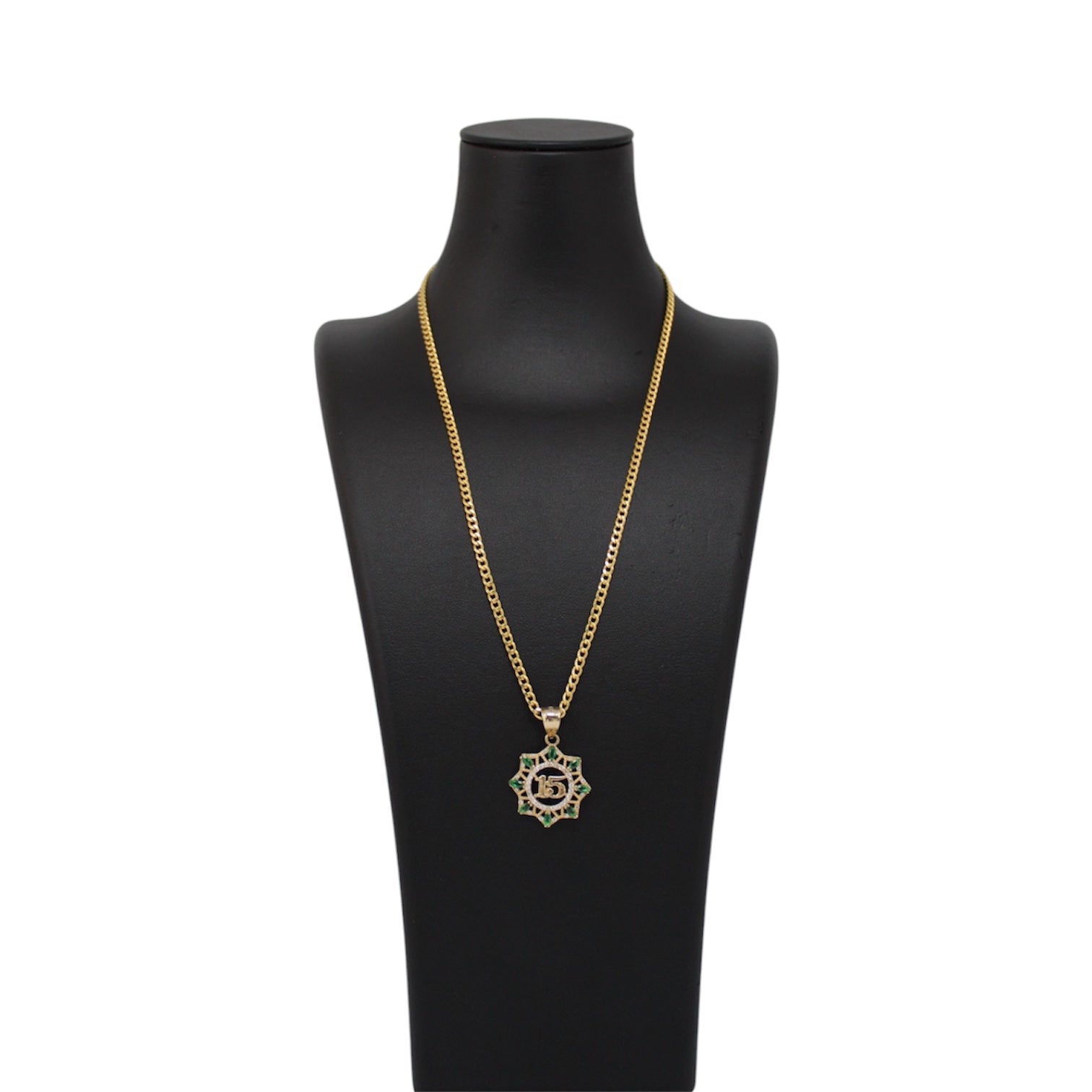 14K Gold Semi Solid Cuban Chain With Circular Quinceañera Pendant