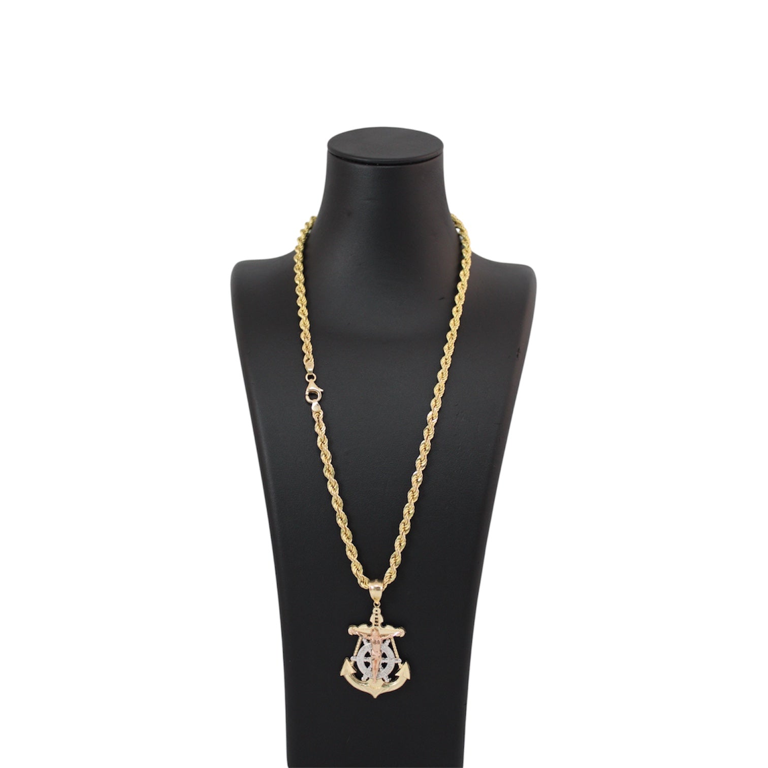 14K Gold Semi Solid Rope Chain with Solid 3-Toned Christ Anchor Pendant
