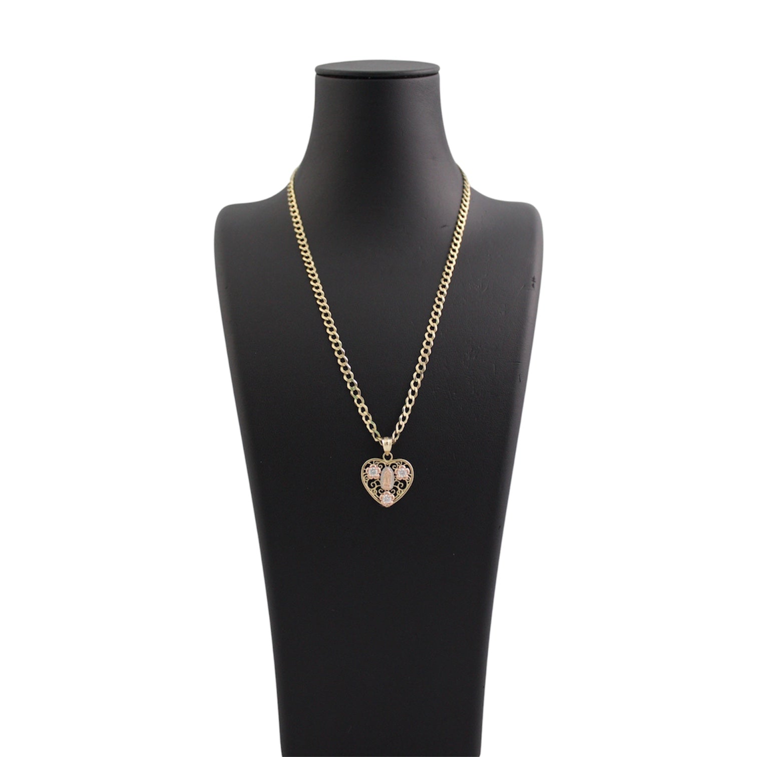 14K Gold Solid Cuban Chain With 3-Toned Virgin Mary Heart Pendant
