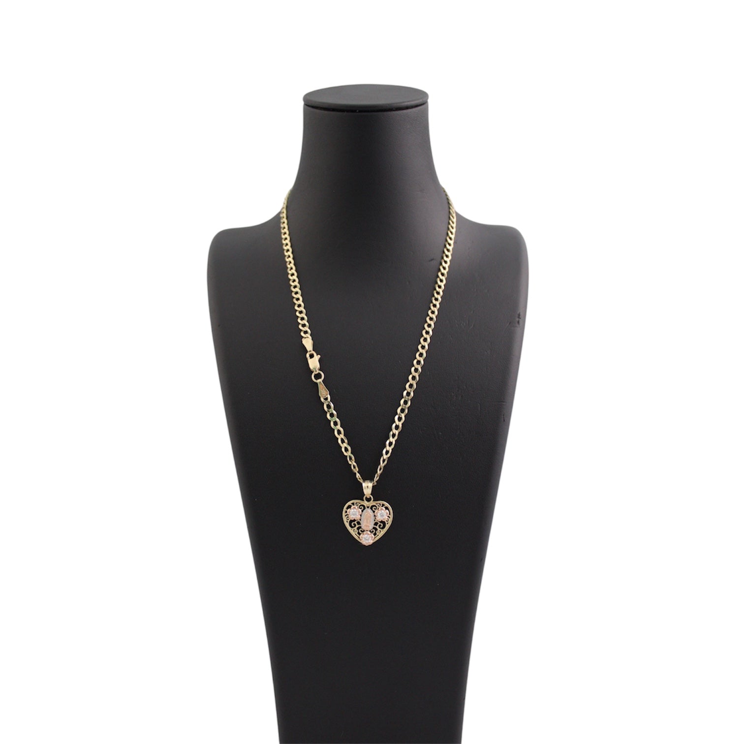 14K Gold Solid Cuban Chain With 3-Toned Virgin Mary Heart Pendant