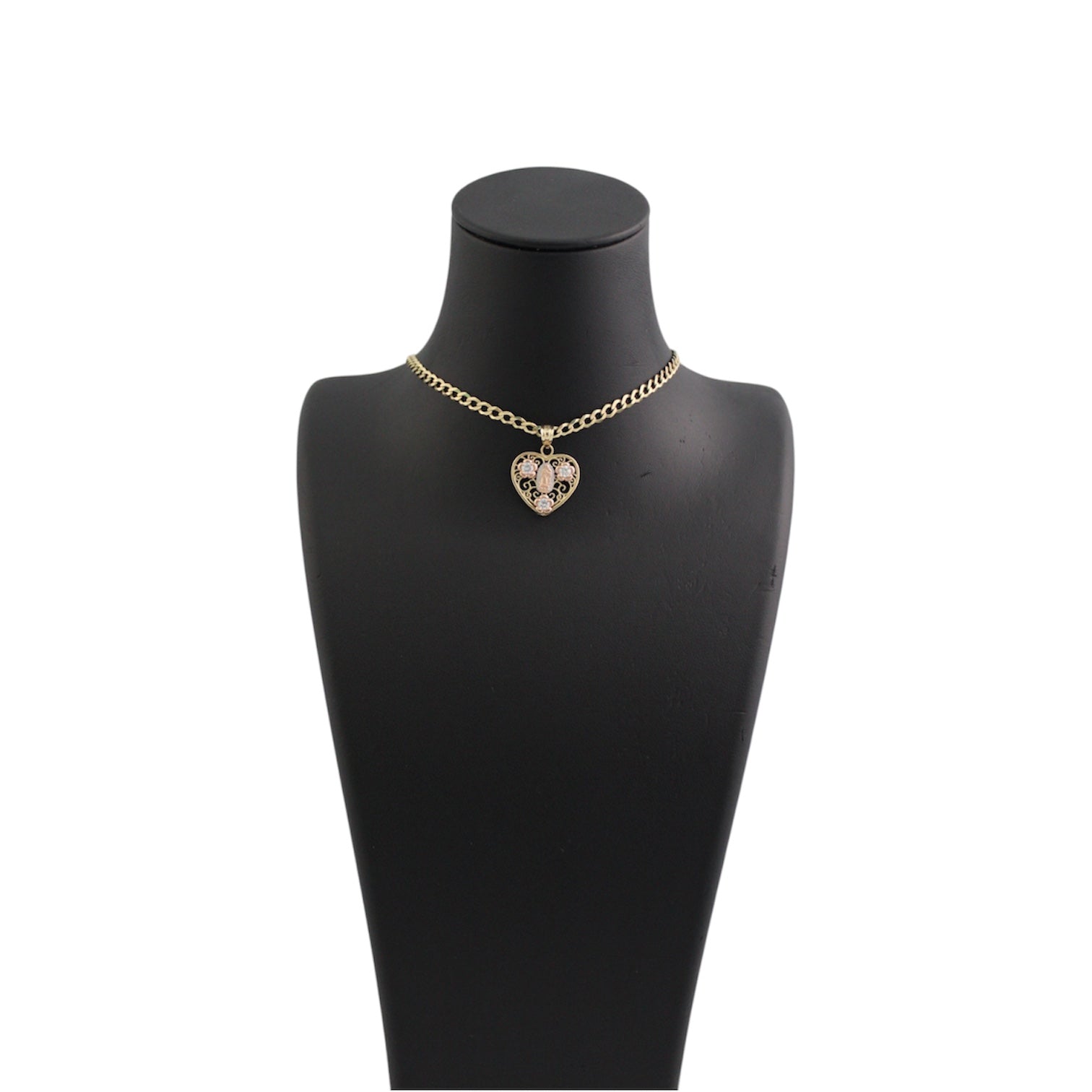 14K Gold Solid Cuban Chain With 3-Toned Virgin Mary Heart Pendant