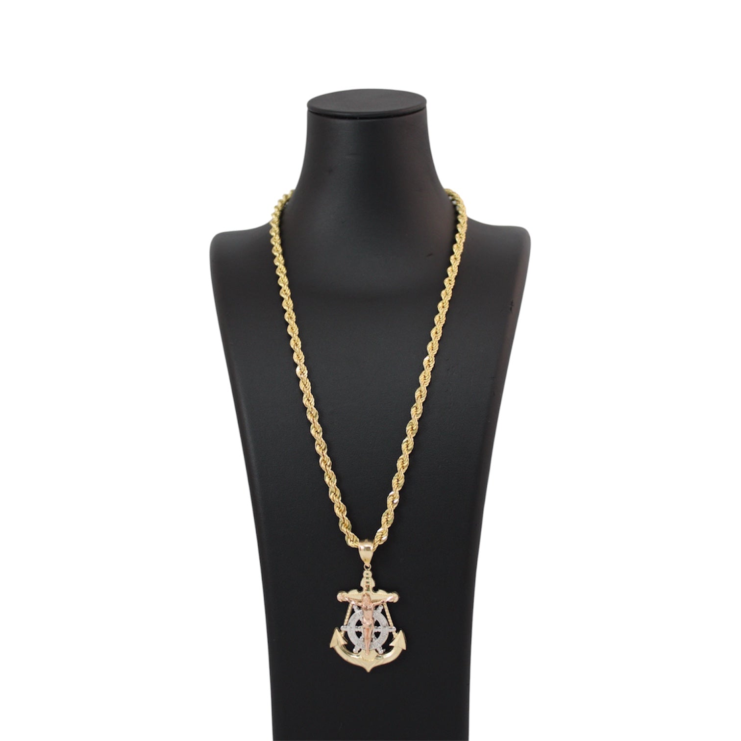 14K Gold Semi Solid Rope Chain with Solid 3-Toned Christ Anchor Pendant
