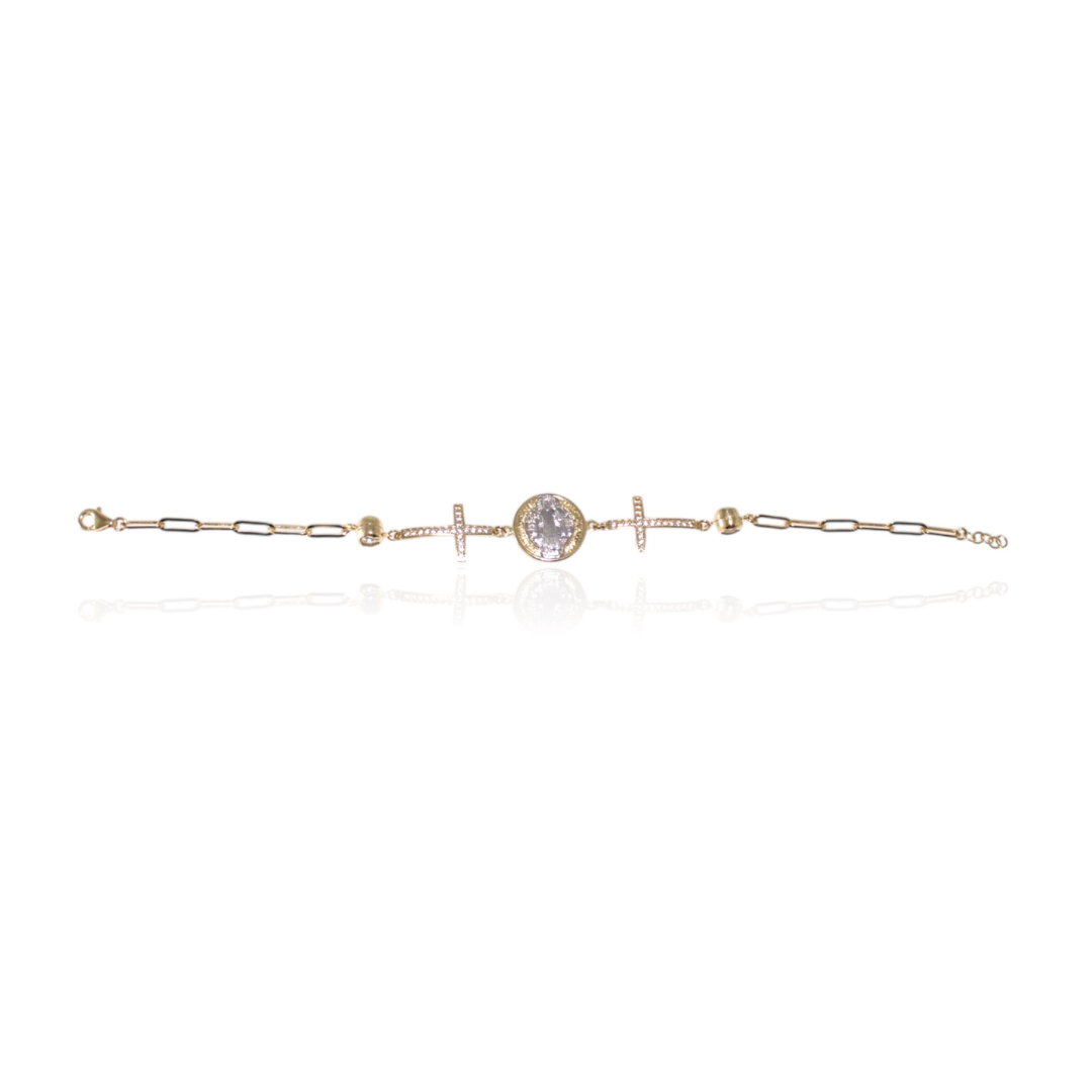 14K Gold Paperclip Bracelet with Crosses and San Benito