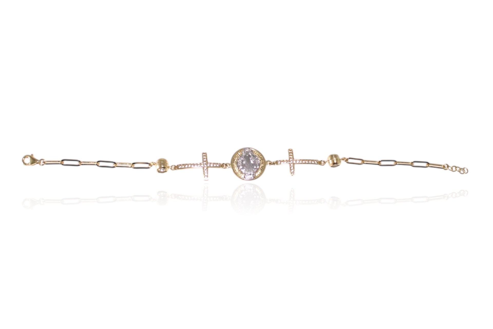 14K Gold Paperclip Bracelet with Crosses and San Benito