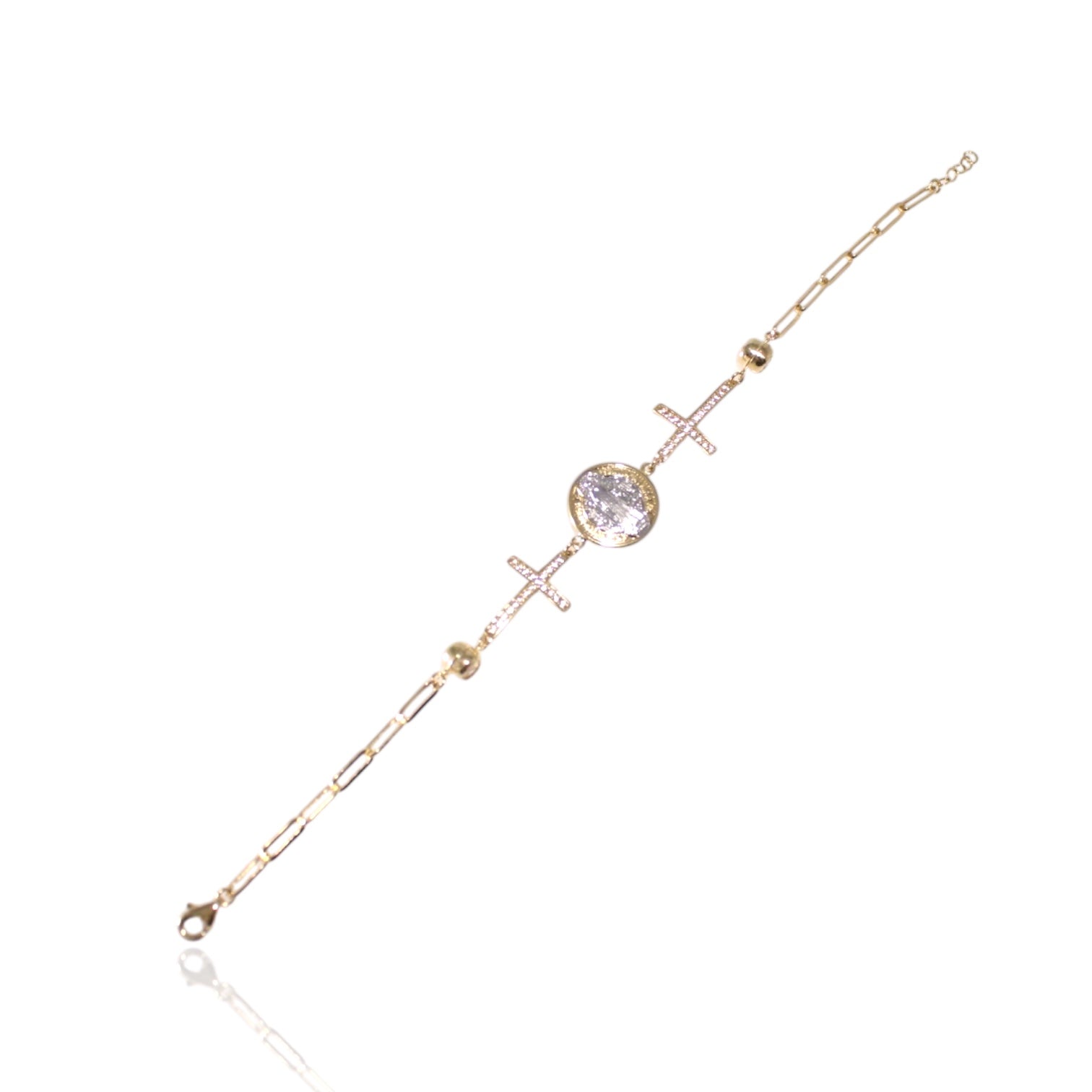 14K Gold Paperclip Bracelet with Crosses and San Benito