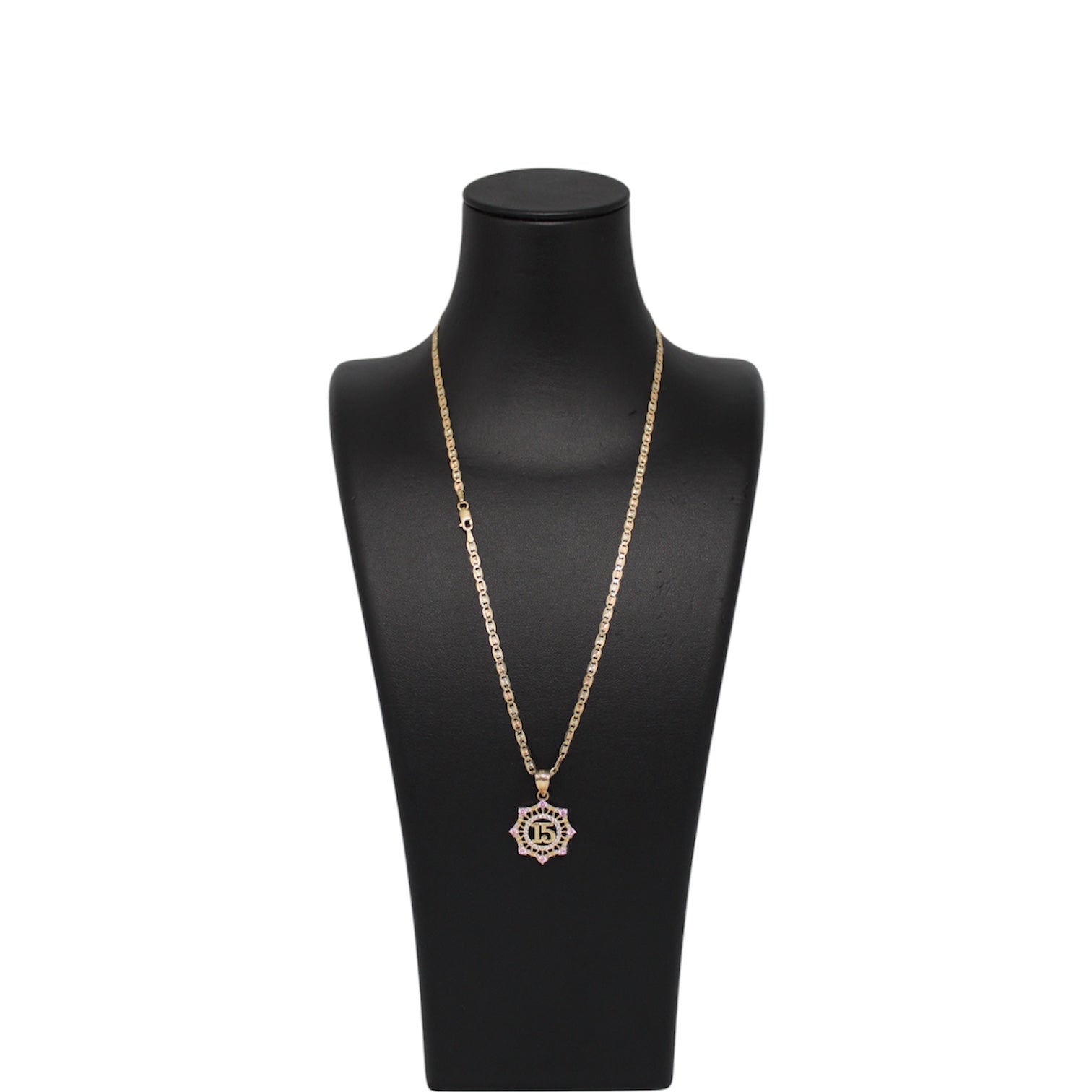 14K Gold Solid 3Toned Valen Chain With Circular Quinceañera Pendant
