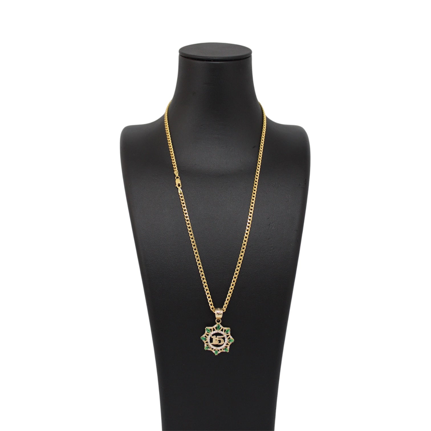 14K Gold Semi Solid Cuban Chain With Circular Quinceañera Pendant