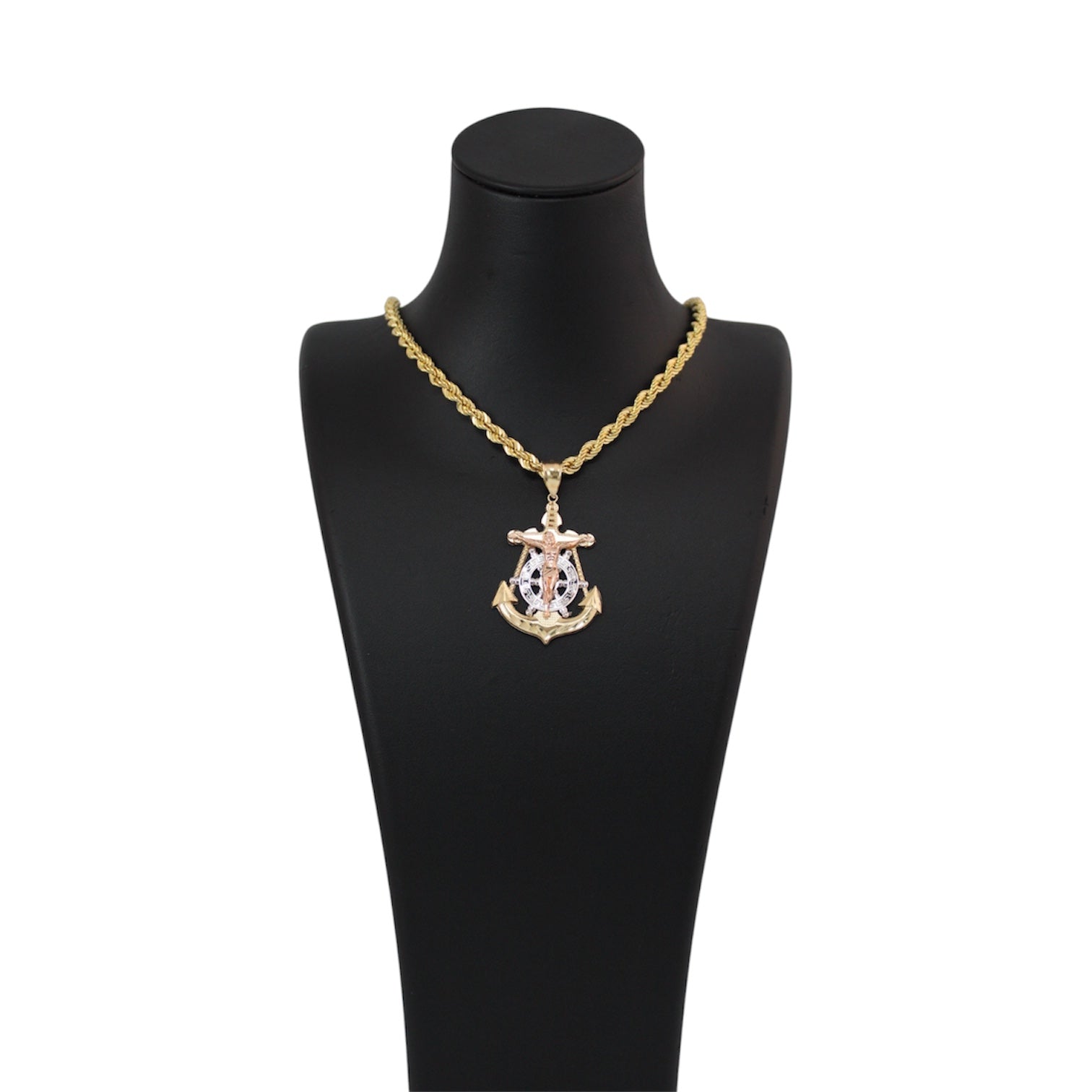 14K Gold Semi Solid Rope Chain with Solid 3-Toned Christ Anchor Pendant