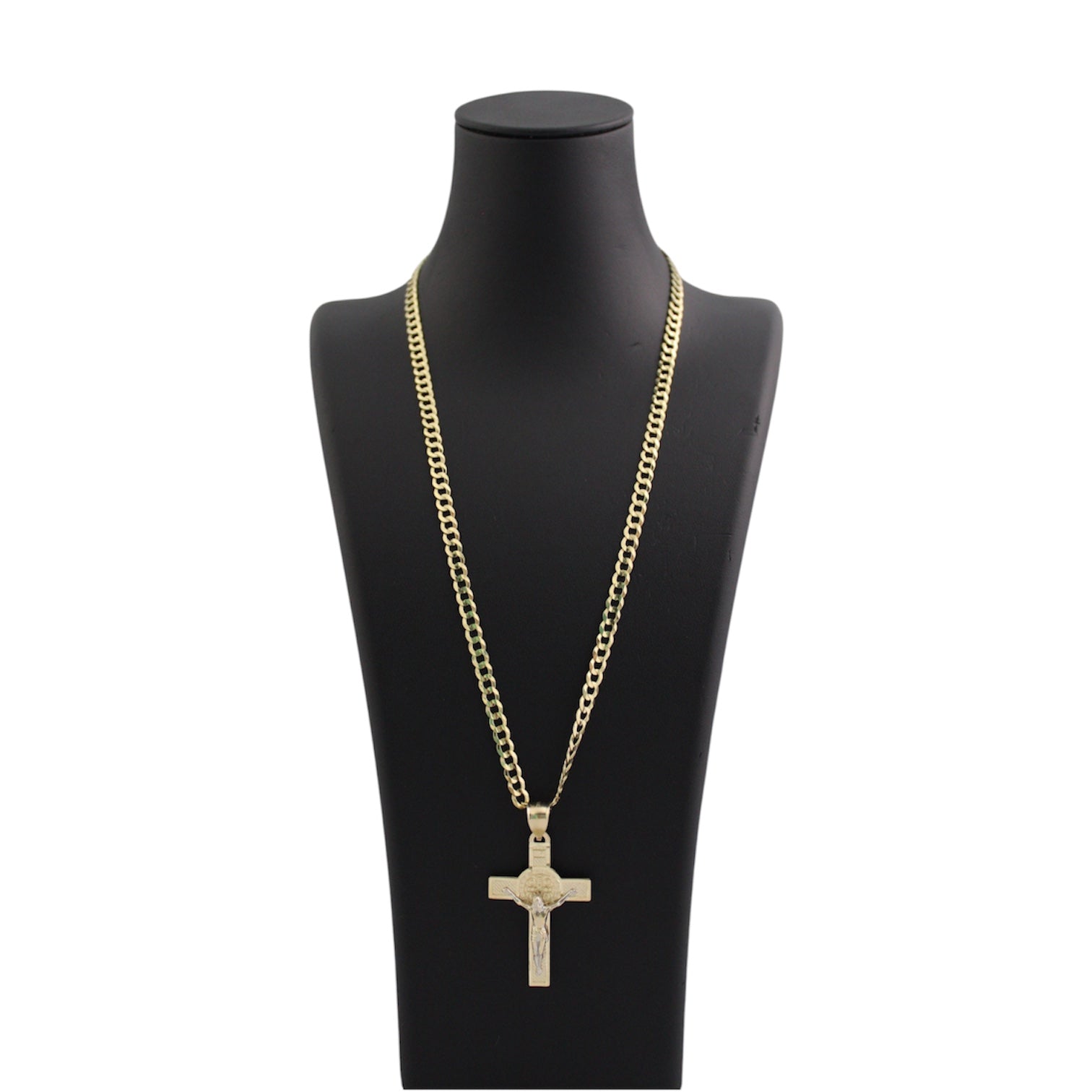 14K Gold Solid Cuban Chain With A San Benito Crucifix Pendant