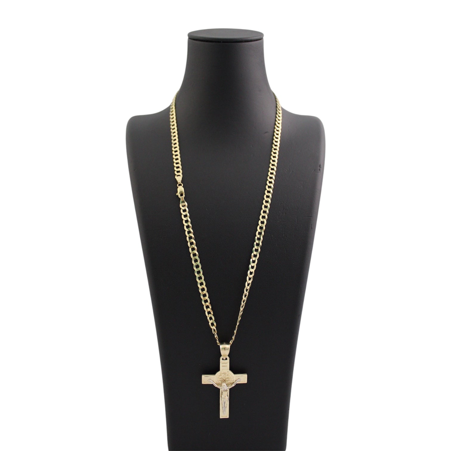 14K Gold Solid Cuban Chain With A San Benito Crucifix Pendant