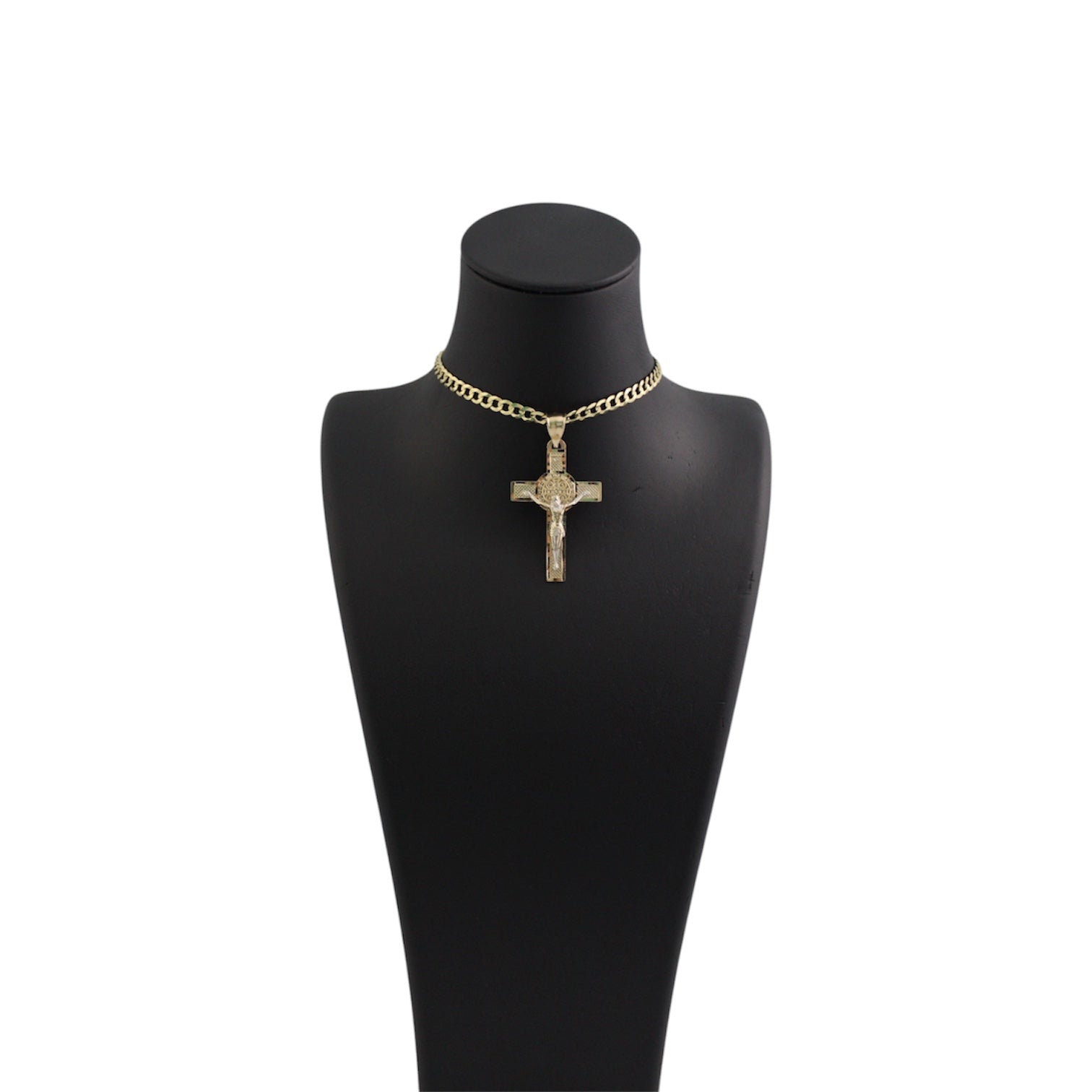 14K Gold Solid Cuban Chain With A San Benito Crucifix Pendant