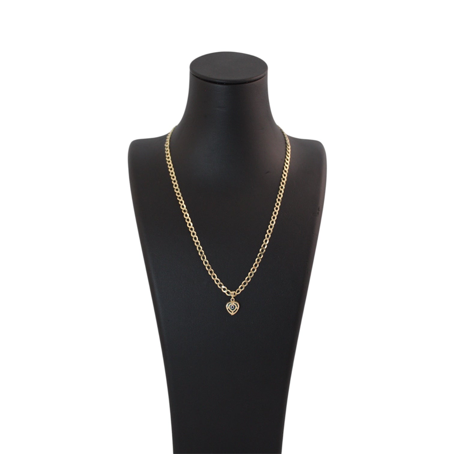 14K Gold Solid Cuban Chain With Heart Shaped Evil Eye Pendant