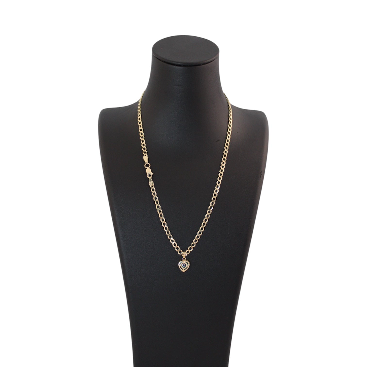 14K Gold Solid Cuban Chain With Heart Shaped Evil Eye Pendant