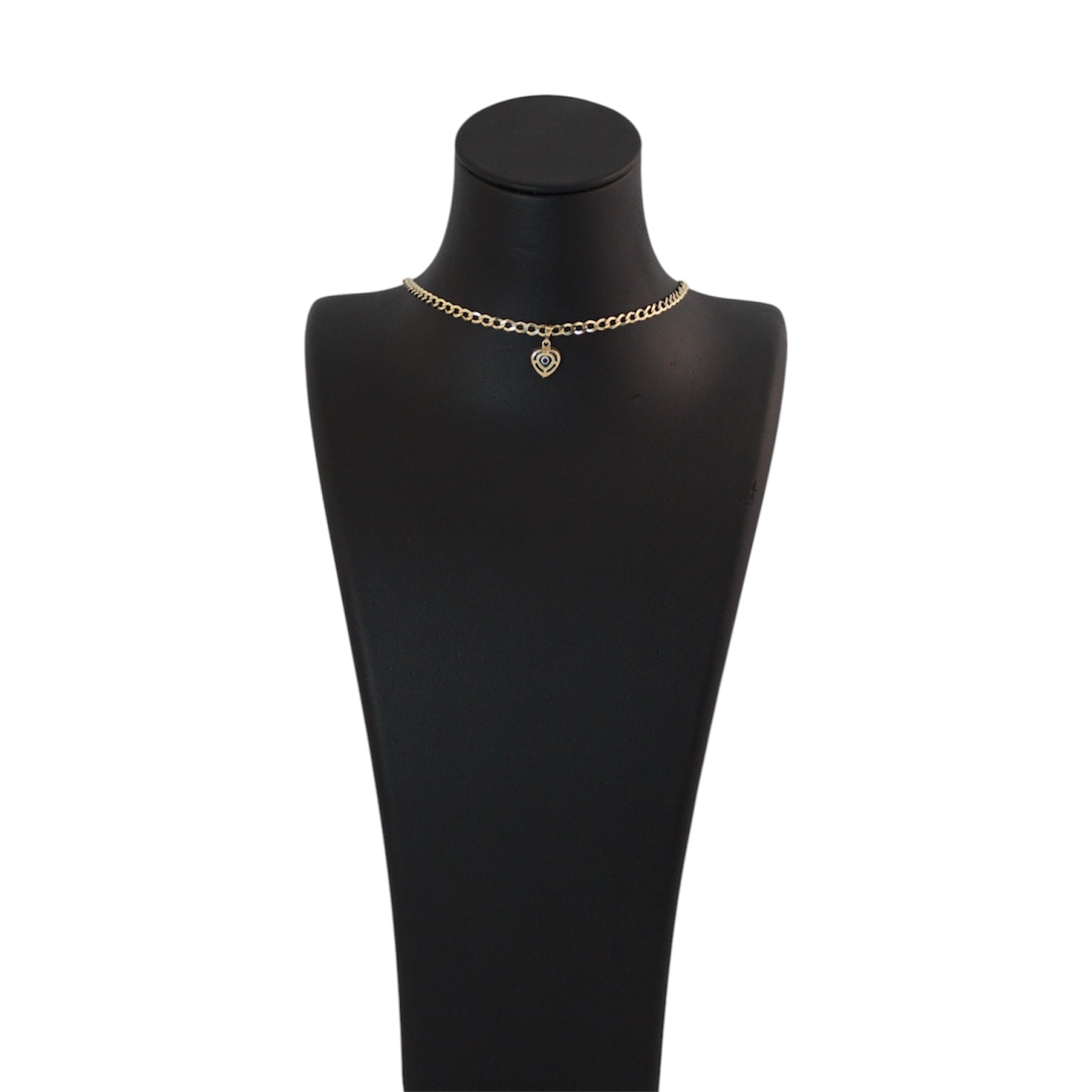 14K Gold Solid Cuban Chain With Heart Shaped Evil Eye Pendant